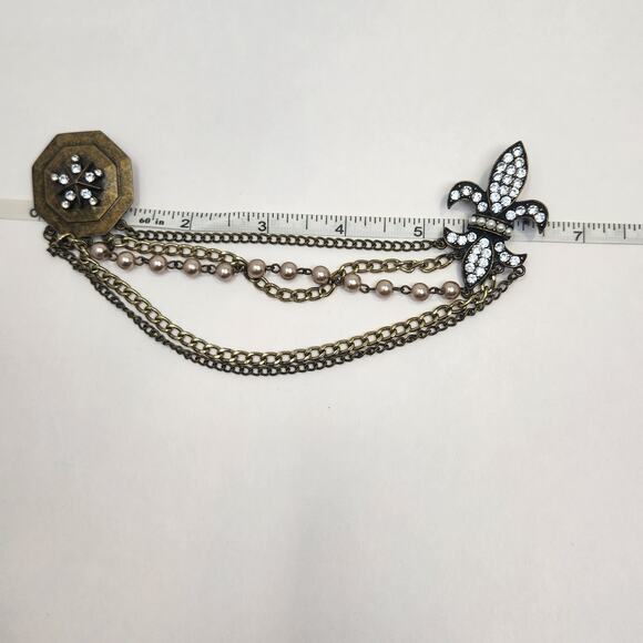 Fleur de Lis Shield  Brass Tone Sweater Brooch Pin Multi Chain Accent Rhinestone - Picture 5 of 5